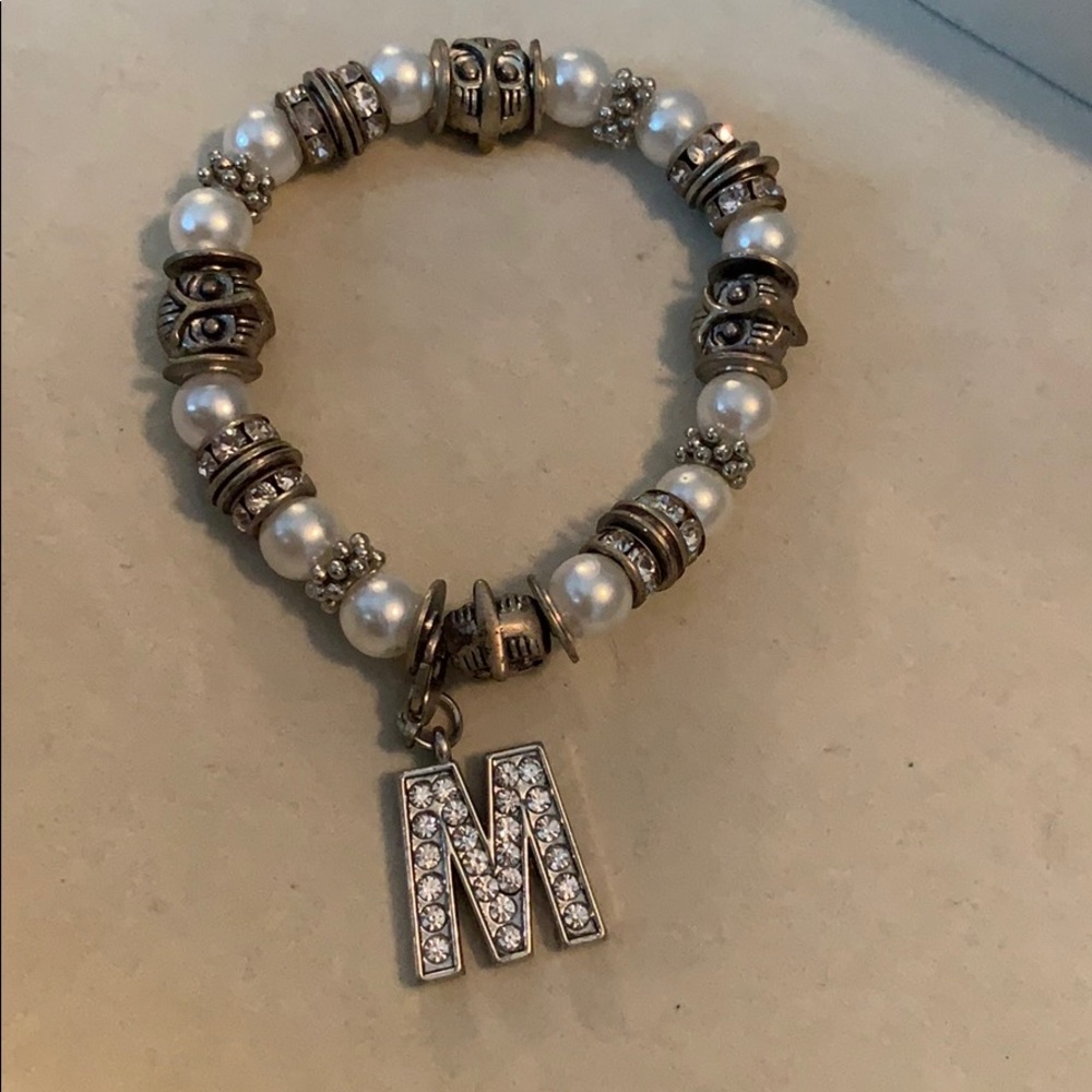 “M” rhinestone bracket with silver pearl beads